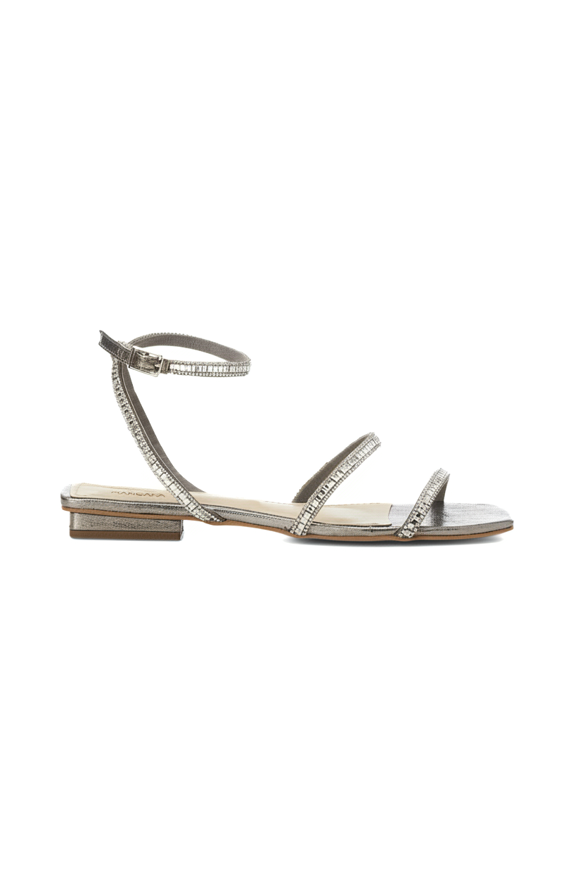 Close-up of the crystal-set straps on Mangara Atelier Aroeira Silver Leather Flat Sandals - SKU 222B01AO