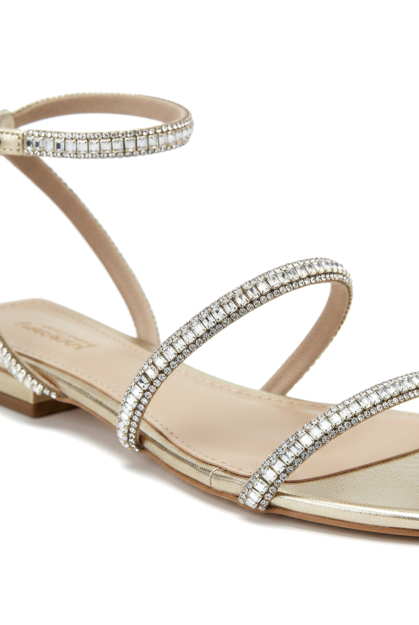 Close-up of the crystal-set straps on Mangara Atelier Aroeira Gold Leather Flat Sandals - SKU 222B01NA