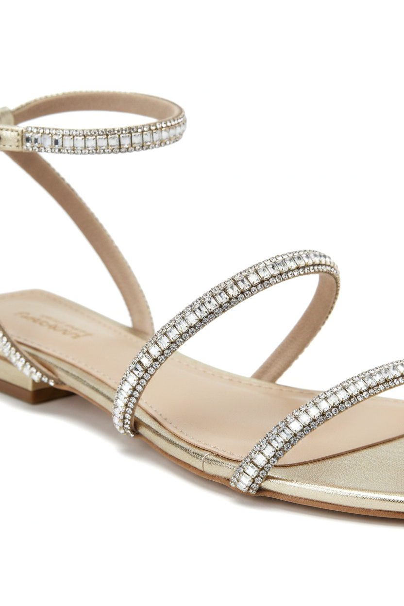 Close-up of the crystal-set straps on Mangara Atelier Aroeira Gold Leather Flat Sandals - SKU 222B01NA