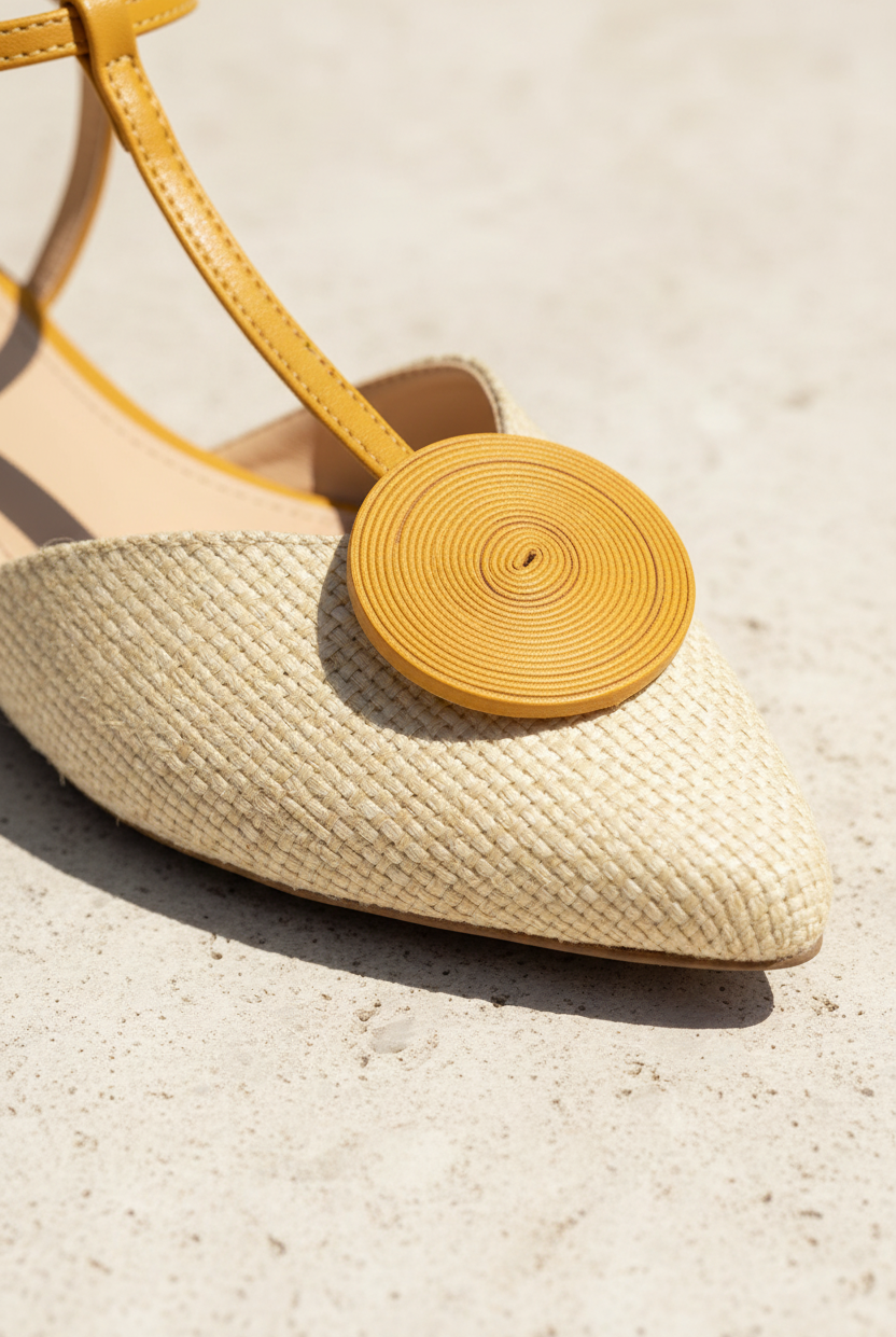 Close-up of Acerola raffia sandal woven texture and mustard leather disc ornament