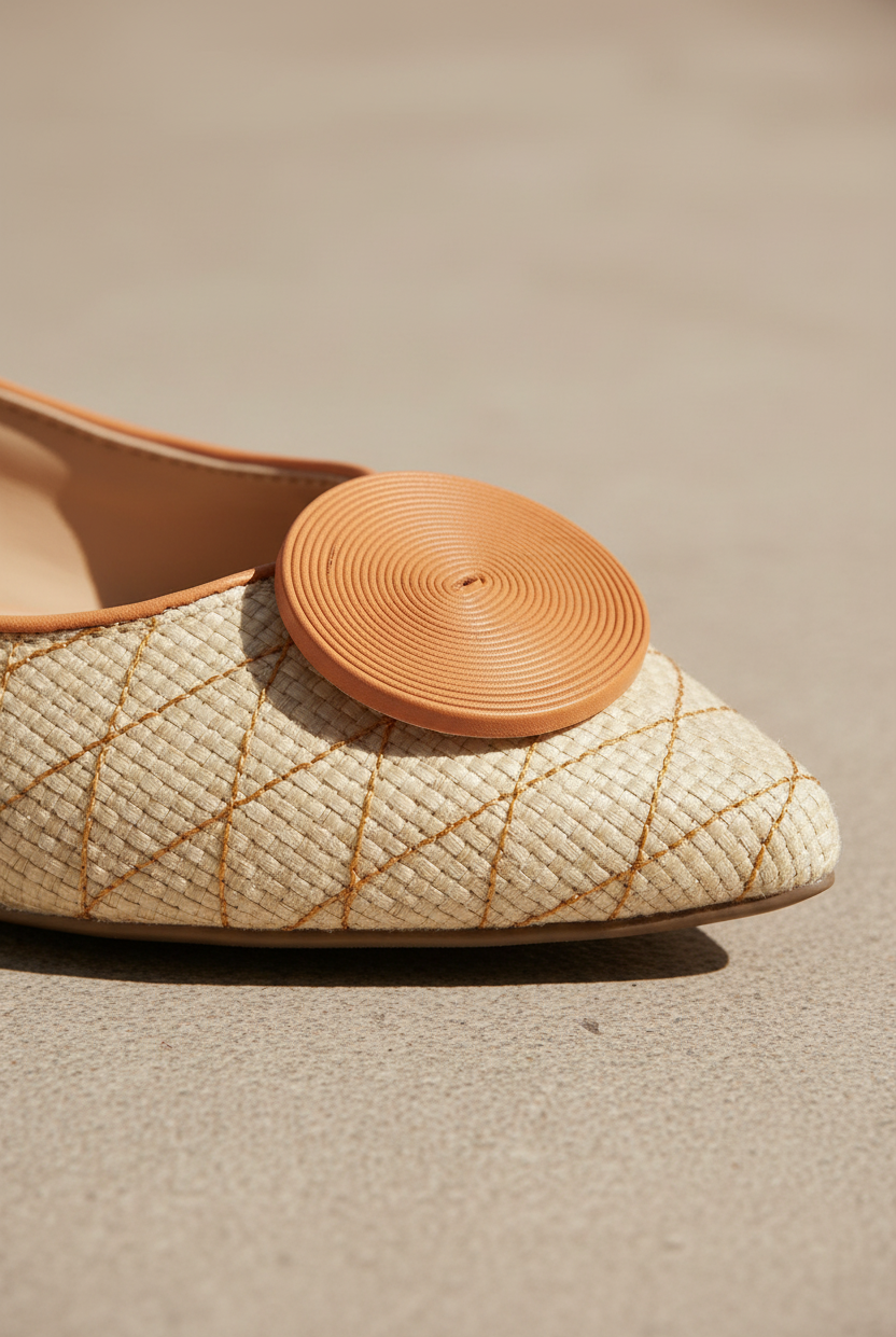Close-up of the leather button and raffia weave detail on Coroba beige ballerinas