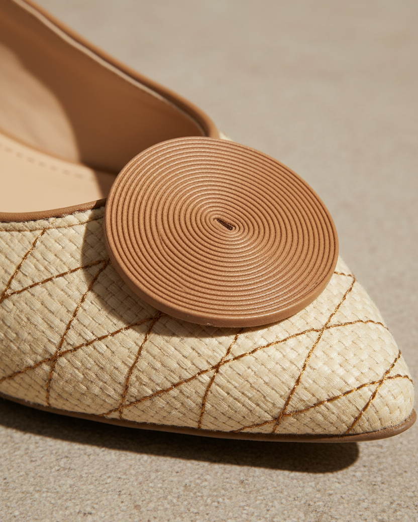 Nahaufnahme des Lederknopfs und des Bastgeflechts auf den braunen Coroba-Ballerinas