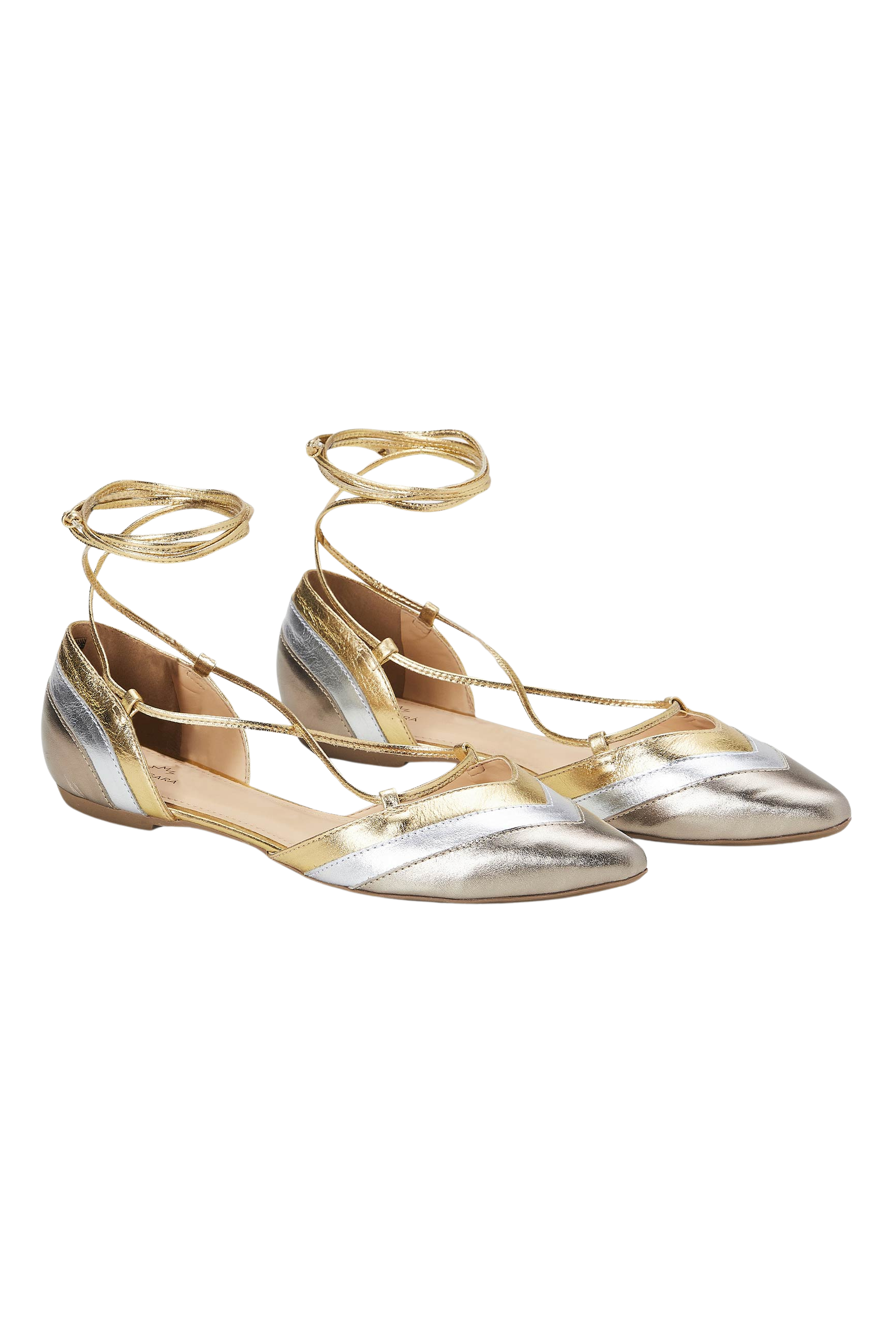 Mangara Atelier Cereja Gold Metallic Colour Block Leather Tie-Up Flats - Pair view - SKU 222E0627
