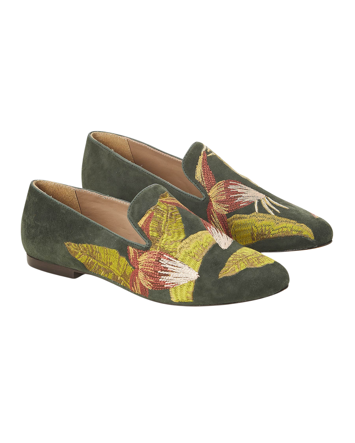 Mangara Atelier Canela grüne bestickte Wildleder-Loafer – Paaransicht – SKU 222F0256