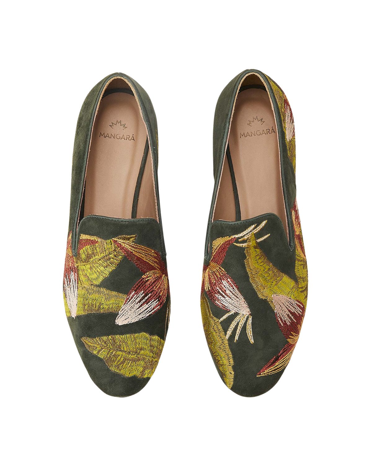 Mangara Atelier Canela grüne Wildleder-Mokassins mit Stickerei – Draufsicht – SKU 222F0256