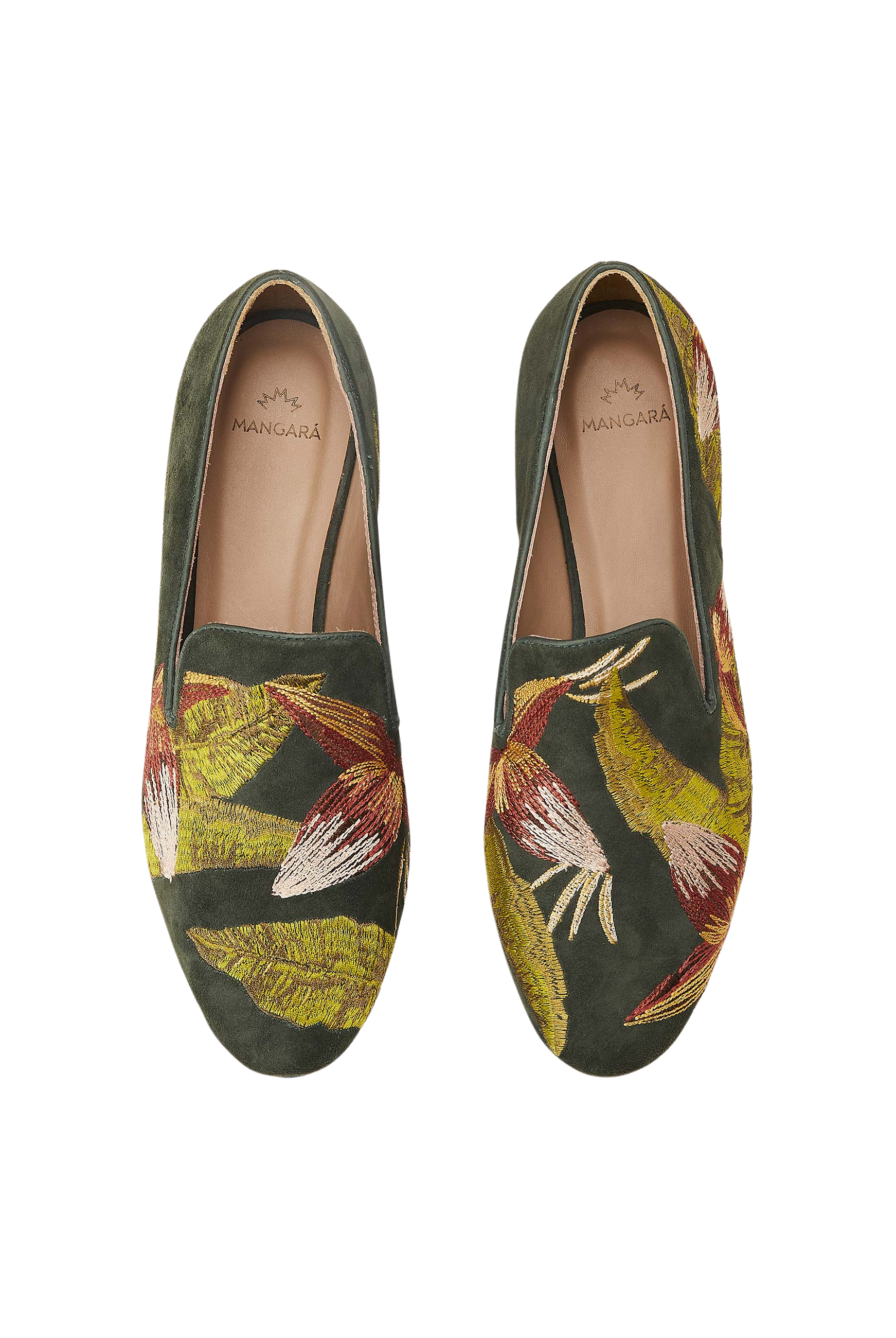 Mangara Atelier Canela Green Suede Embroidered Loafers - Top view - SKU 222F0256