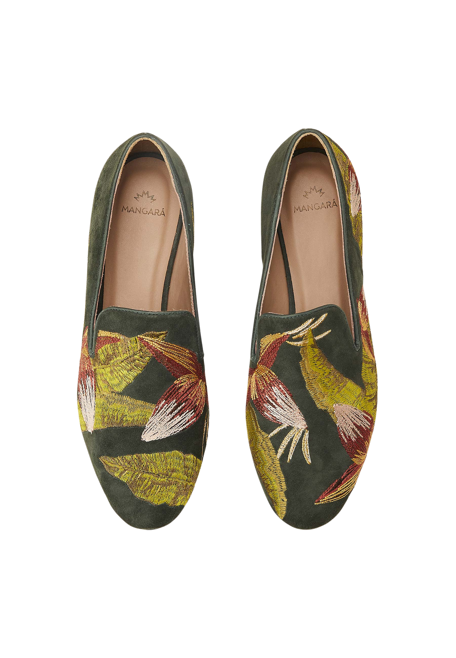 Mangara Atelier Canela Green Suede Embroidered Loafers - Top view - SKU 222F0256