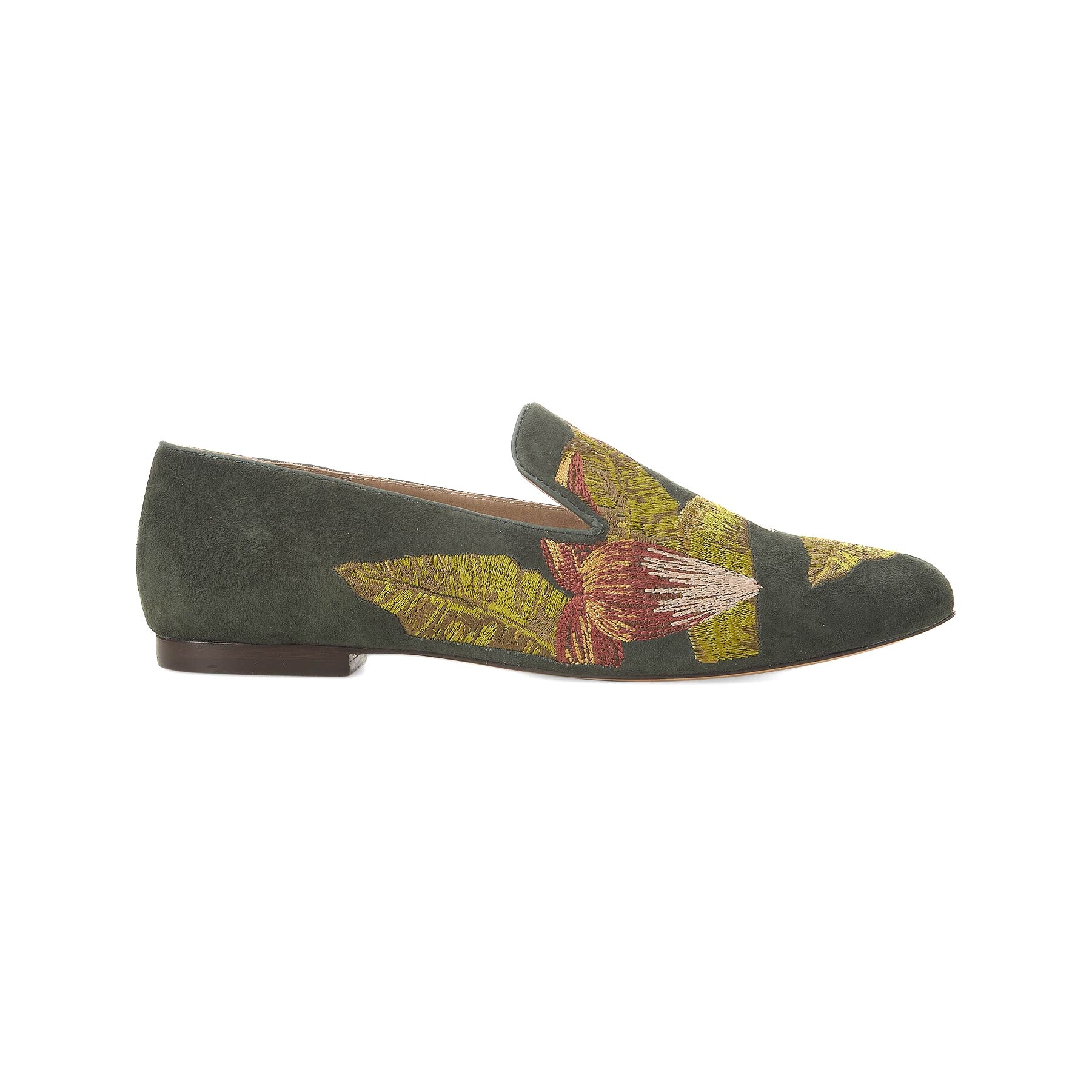 Green Suede Embroidered Loafers – Elegant Women’s Flat Shoes