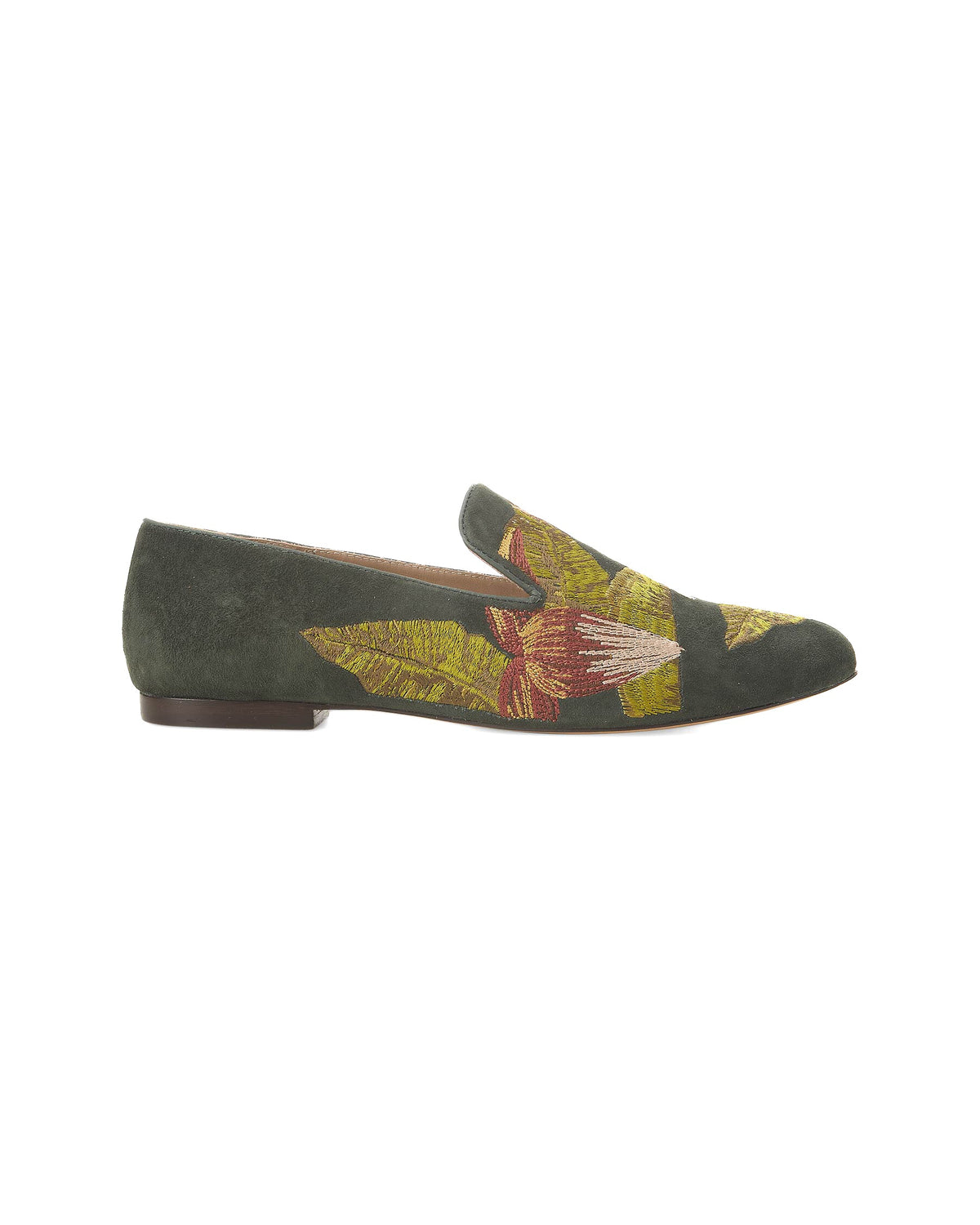 Mangara Atelier Canela Grüne bestickte flache Slipper aus Wildleder – Vorderansicht – SKU 222F025637