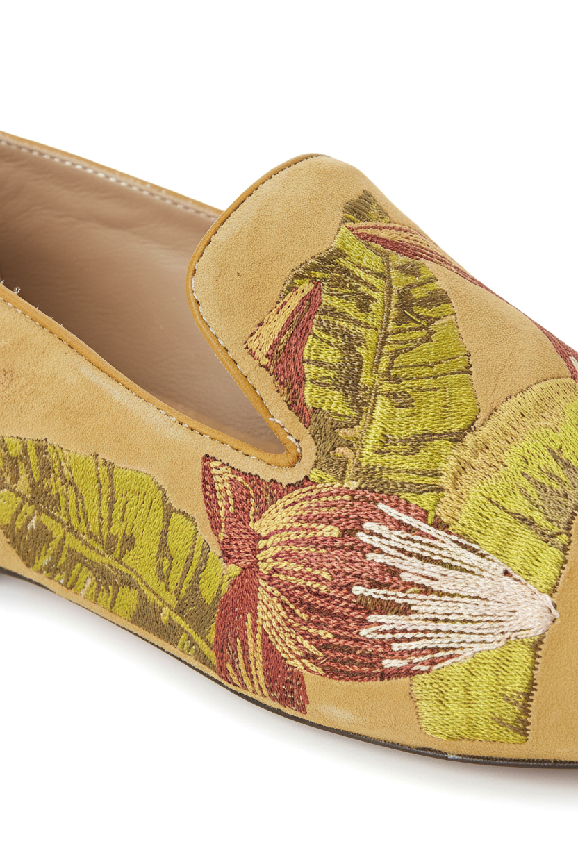 Close-up of the hand embroidery on Mangara Atelier Canela Yellow Suede Loafers - SKU 222F0257