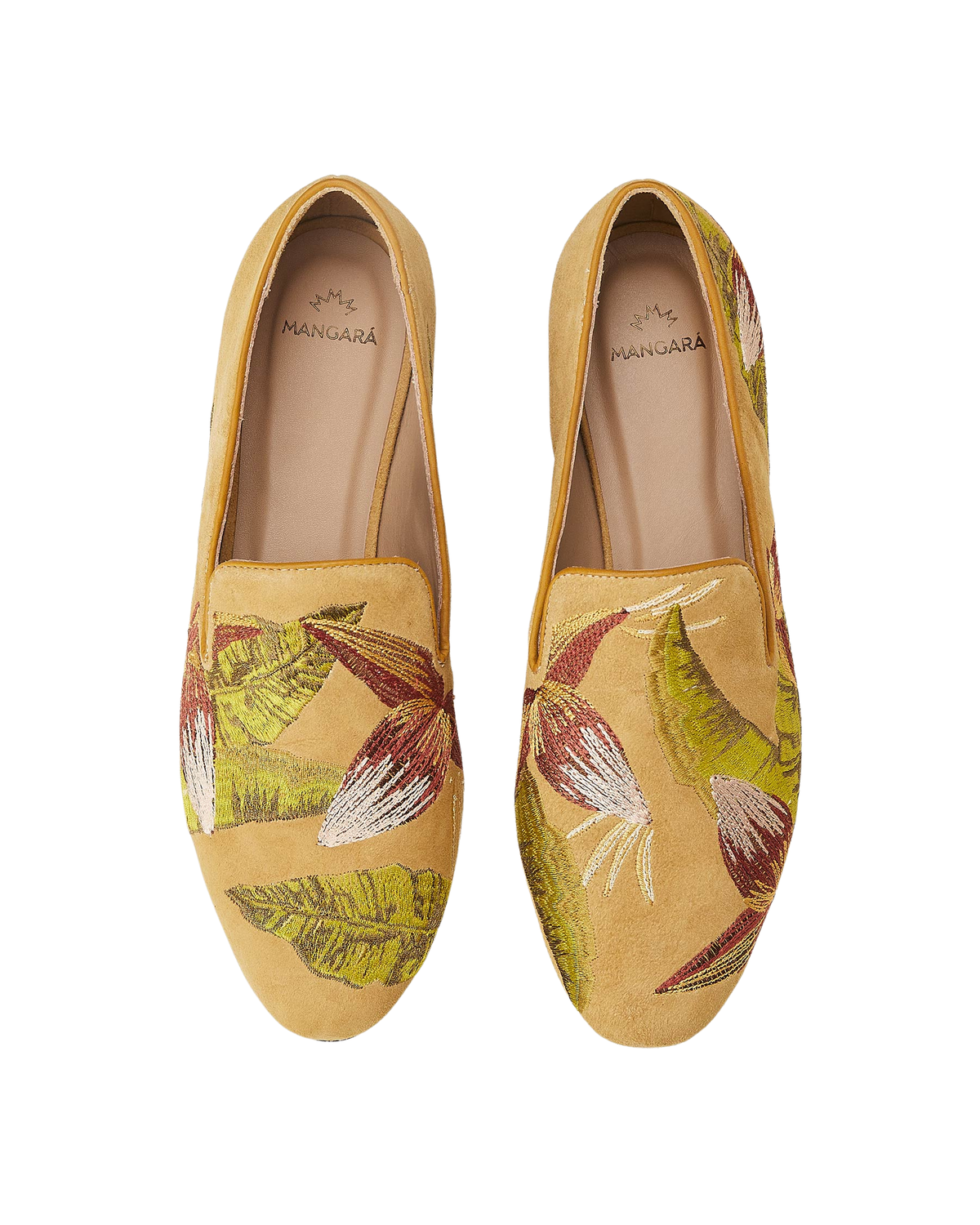 Mangara Atelier Canela Gelbe Wildleder-Mokassins mit Stickerei – Draufsicht – SKU 222F0257
