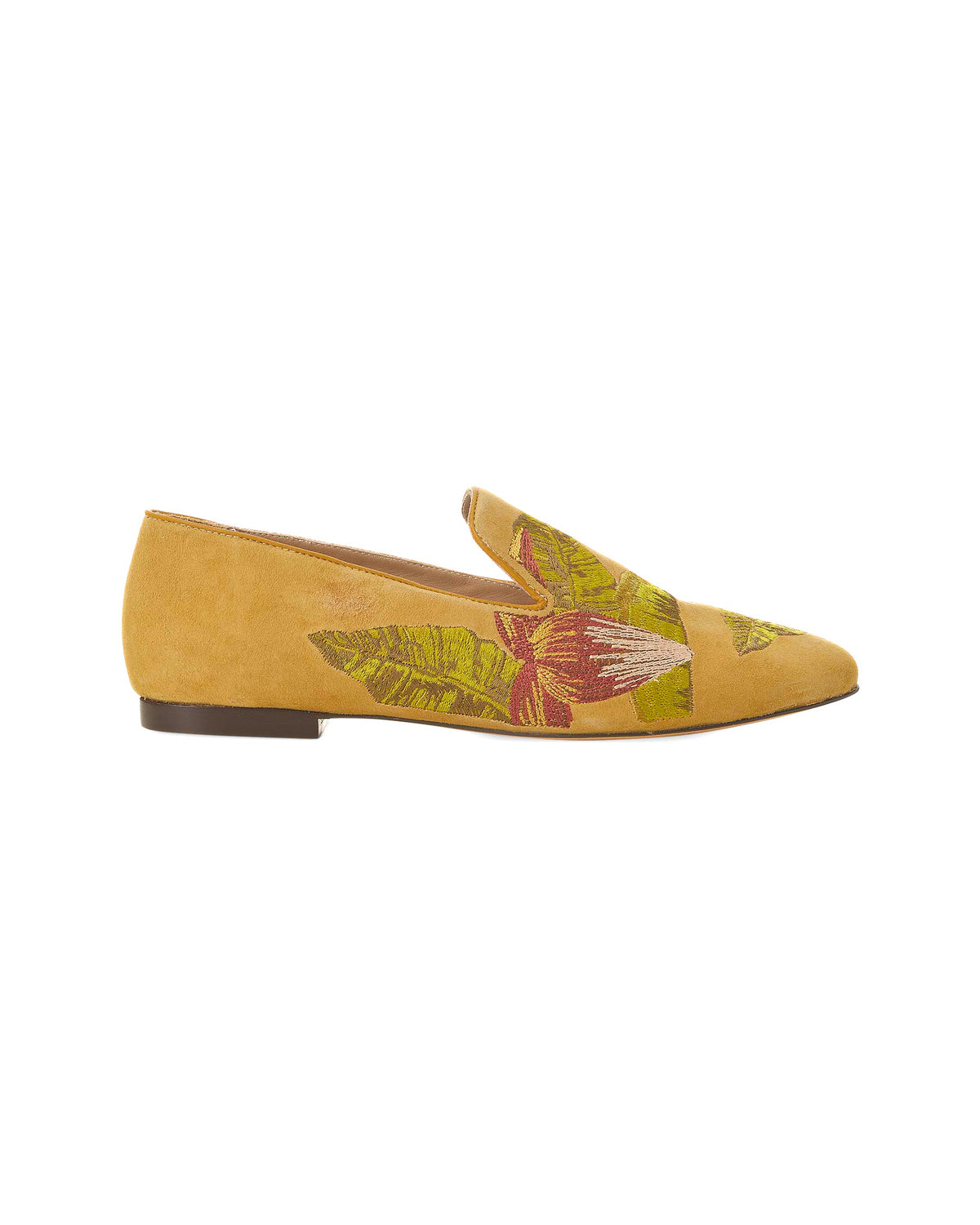 Mangara Atelier Canela Gelbe Wildleder-gestickte flache Loafer – Vorderansicht – SKU 222F025737