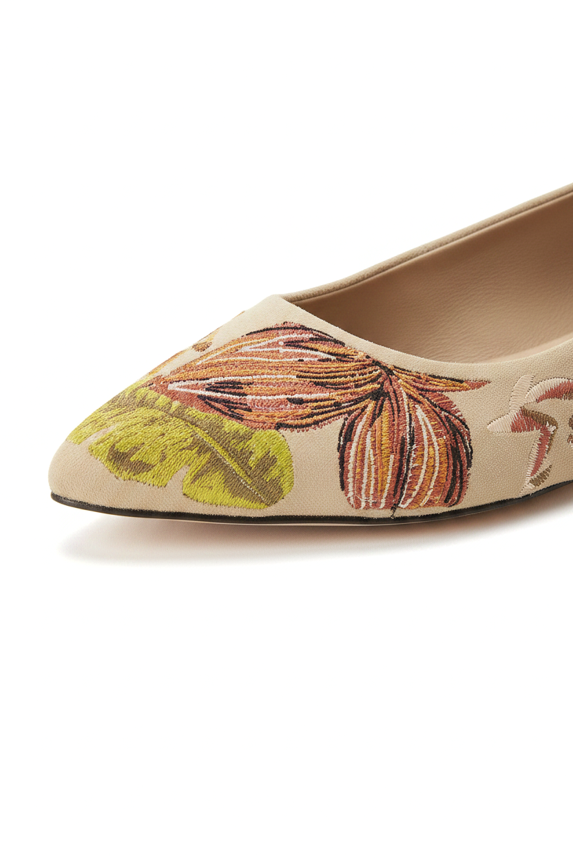 Close-up of the hand embroidery on Mangara Atelier Pindaiva Beige Suede Ballet Flats - SKU 222F0628