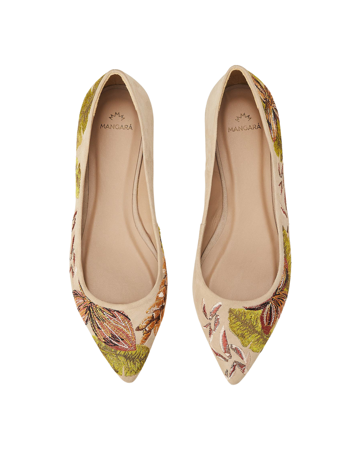 Mangara Atelier Pindaiva Beige Wildleder bestickte Ballerinas – Draufsicht – SKU 222F0628