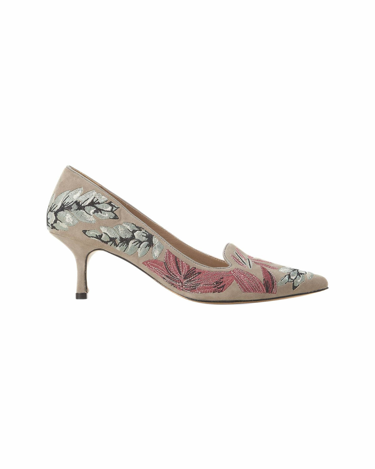 Mangará Atelier Gray Suede Embroidered Kitten Heel Pumps – Front View – SKU 222F145537