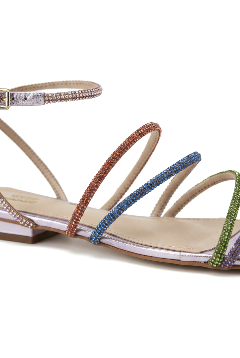 Close-up of the multicolour crystal-set straps on Mangara Atelier Arca Purple Leather Flat Sandals - SKU 222G0140BP