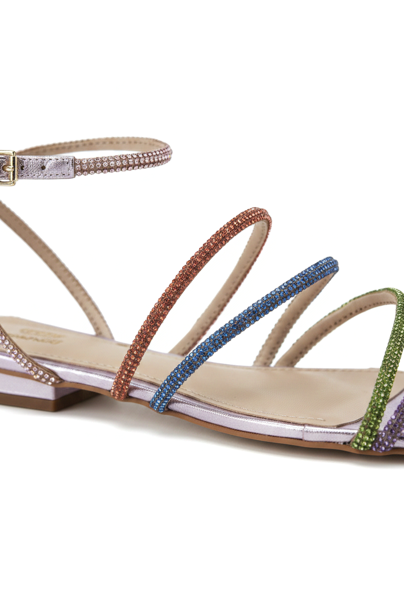 Close-up of the multicolour crystal-set straps on Mangara Atelier Arca Purple Leather Flat Sandals - SKU 222G0140BP