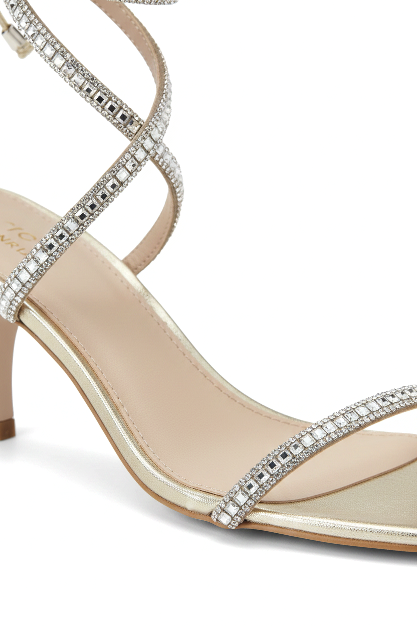 Close-up of the crystal-set straps on Mangara Atelier Aroeira Gold Leather Sandals - SKU 222G01AF