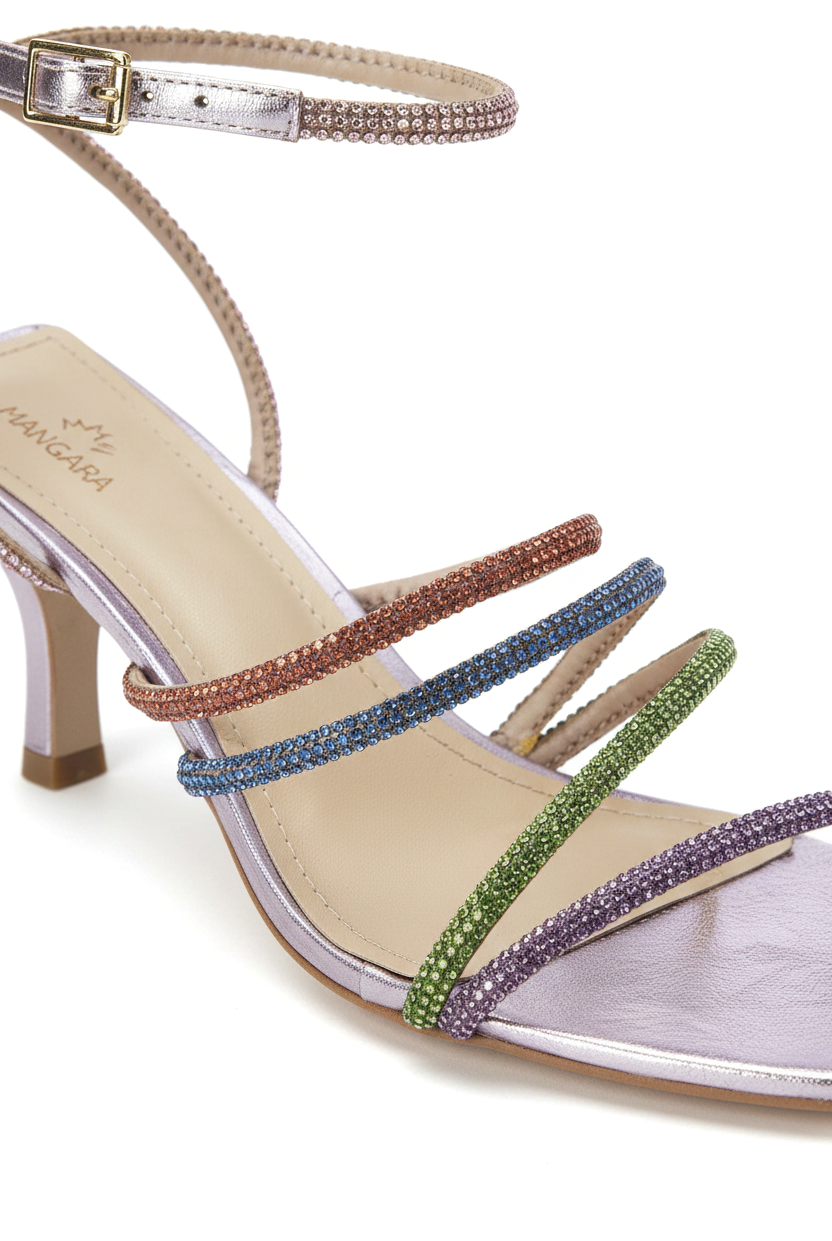 Close-up of the multicolour crystal-set straps on Mangara Atelier Arca Purple Leather Sandals - SKU 222G01AP