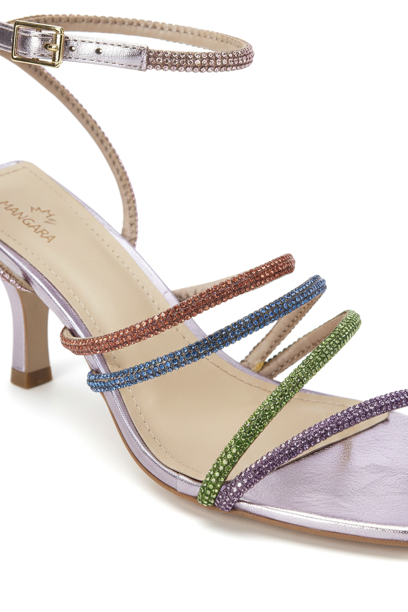 Close-up of the multicolour crystal-set straps on Mangara Atelier Arca Purple Leather Sandals - SKU 222G01AP