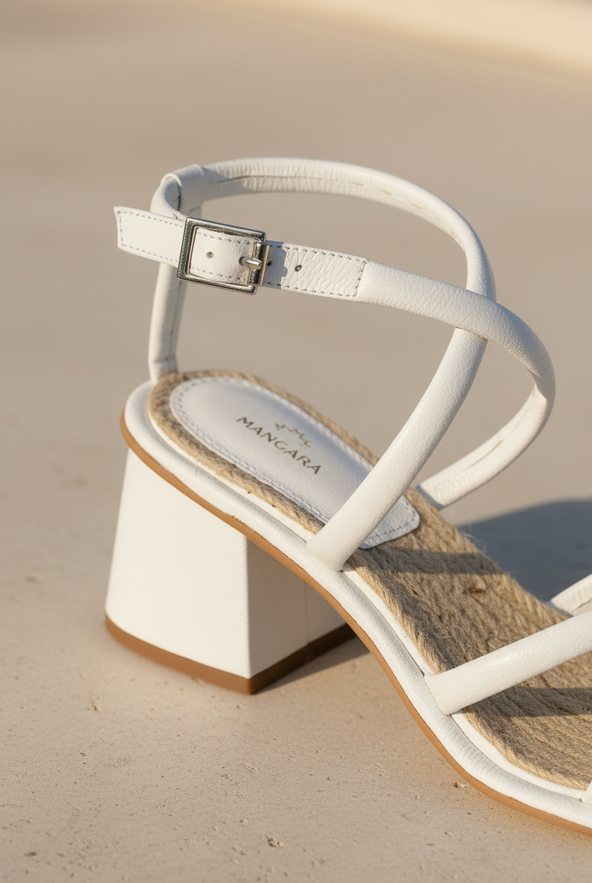 Close-up of Bromelia white leather sandal ankle strap buckle and crisscross straps