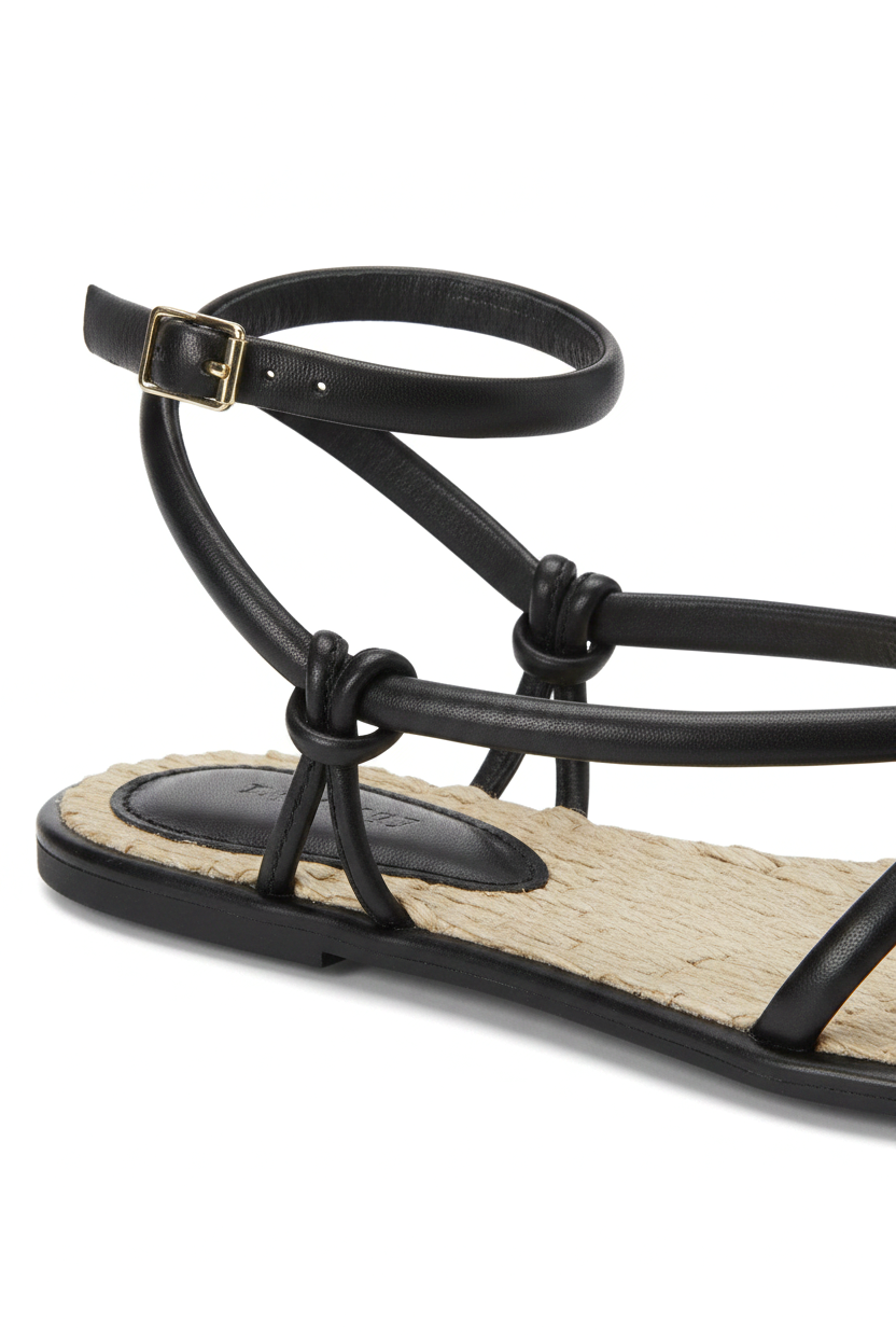 Close-up of the knotted straps, buckle and woven raffia footbed on the Mangará Angico black sandal
