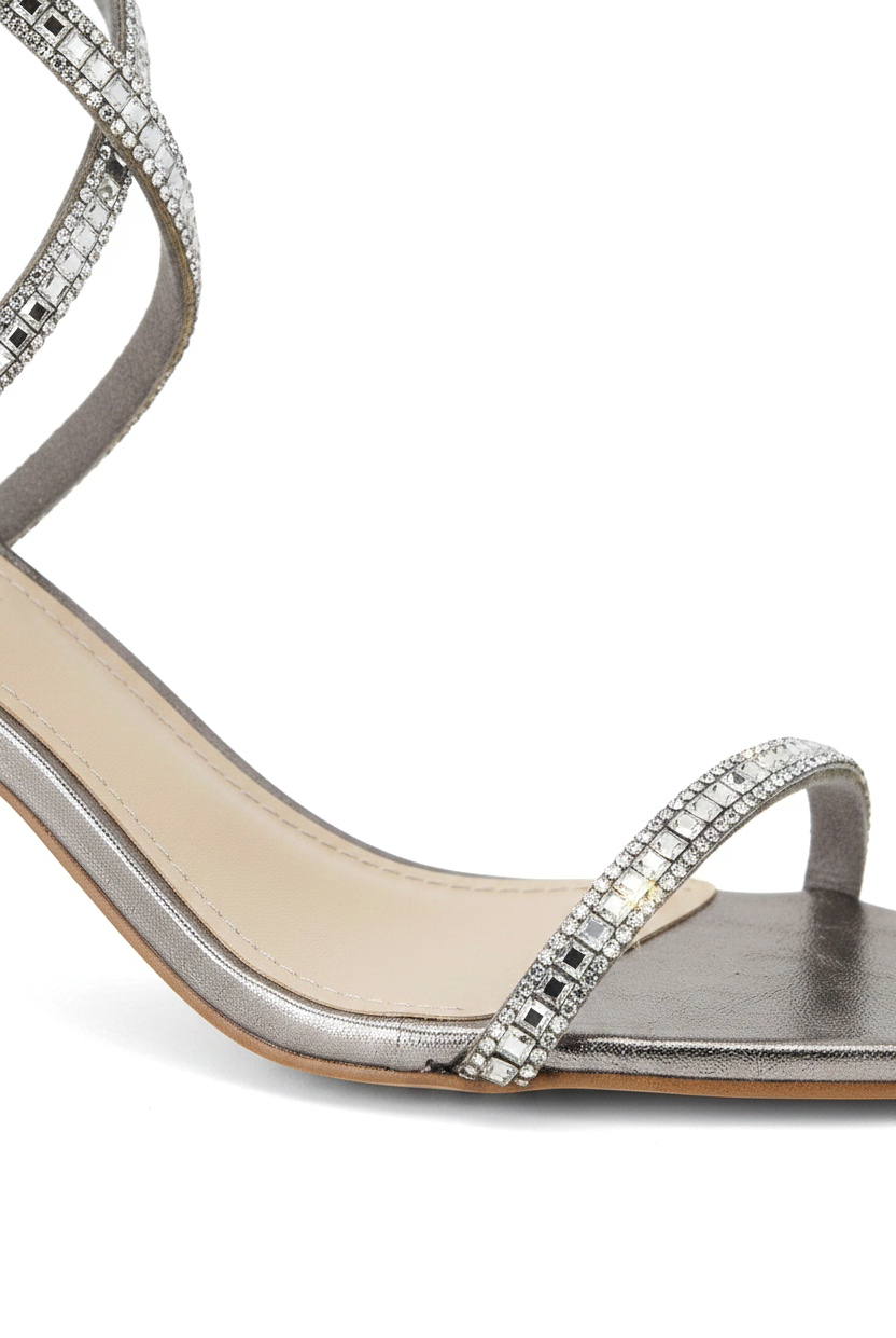Close-up of the crystal-set straps on Mangara Atelier Aroeira Silver Leather Sandals - SKU 222G01BO