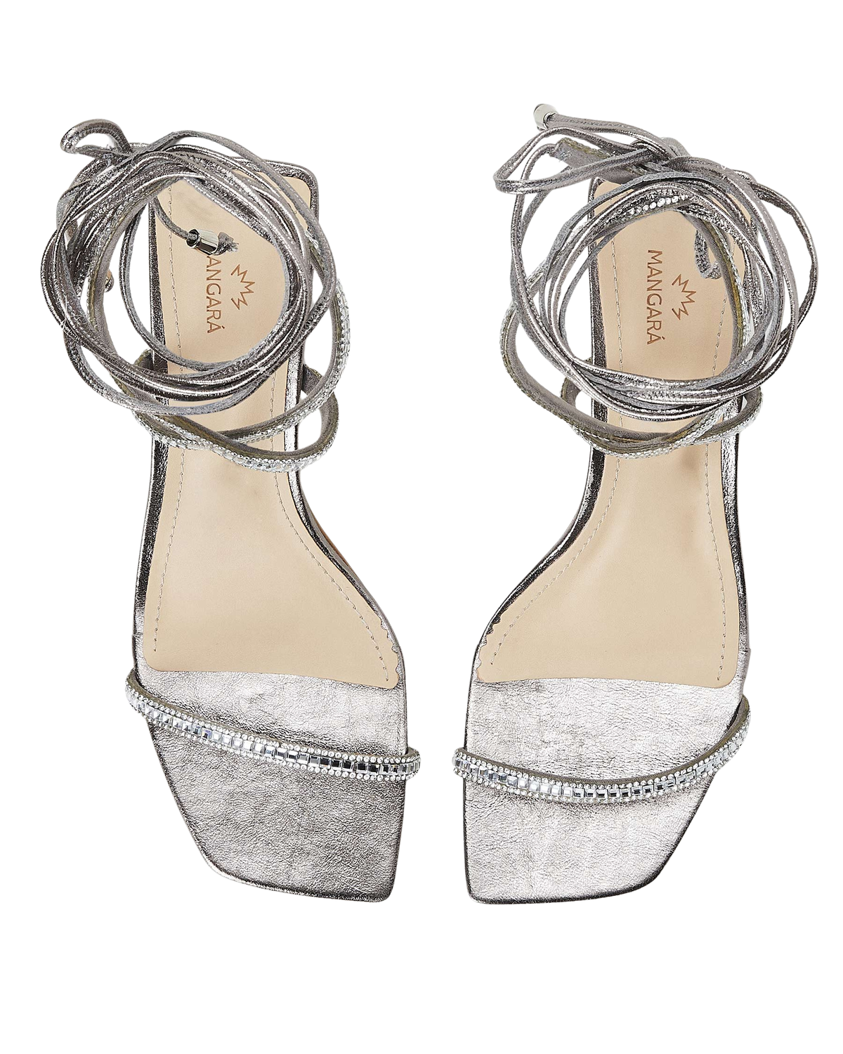 Mangara Atelier Aroeira silberne Leder-Kristallriemensandalen mit 8 cm Absatz – Draufsicht – SKU 222G01BO