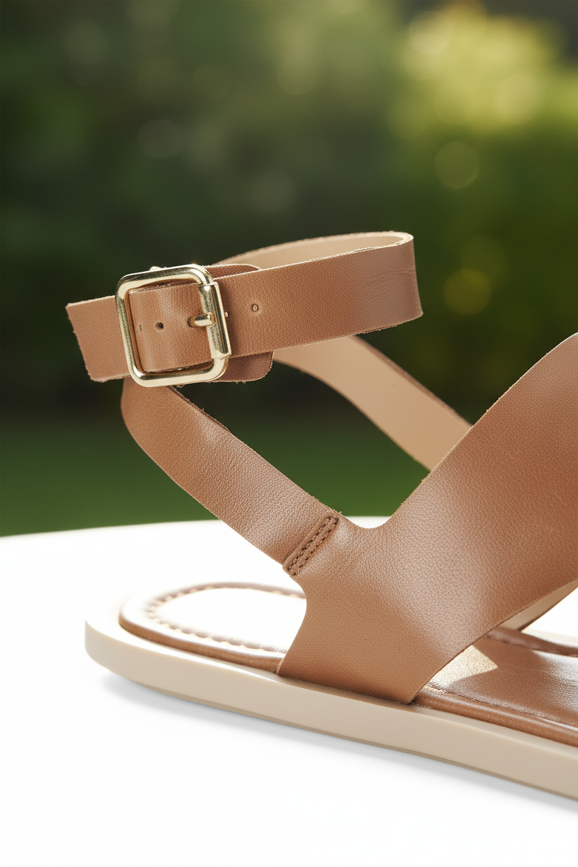 Close-up of Mangará Paineira caramel leather toe-ring sandal ankle strap buckle detail
