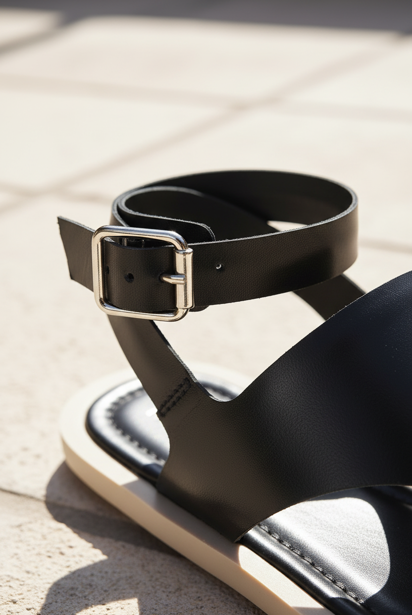 Close-up of Mangará Paineira black leather toe-ring sandal ankle strap buckle detail