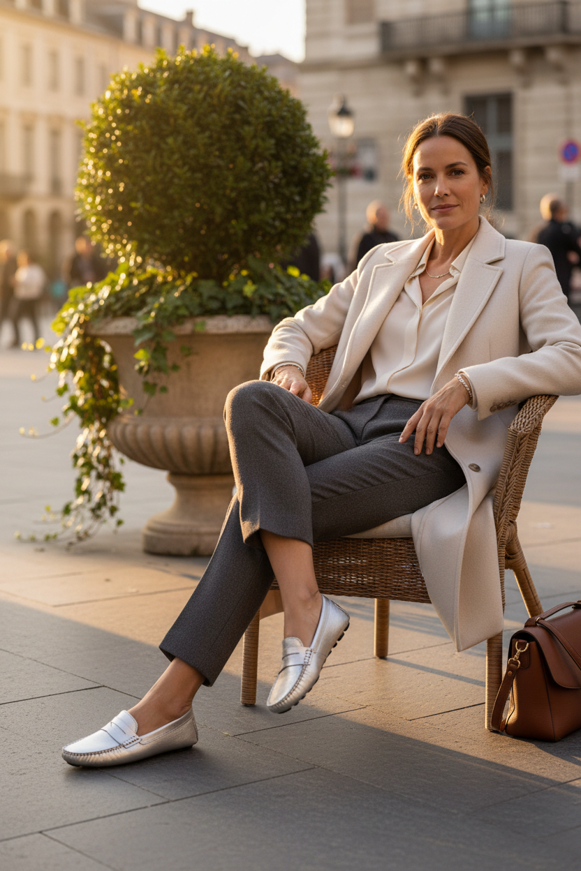 Mangará Angico silver leather driving loafers worn with cropped trousers and a cream coat