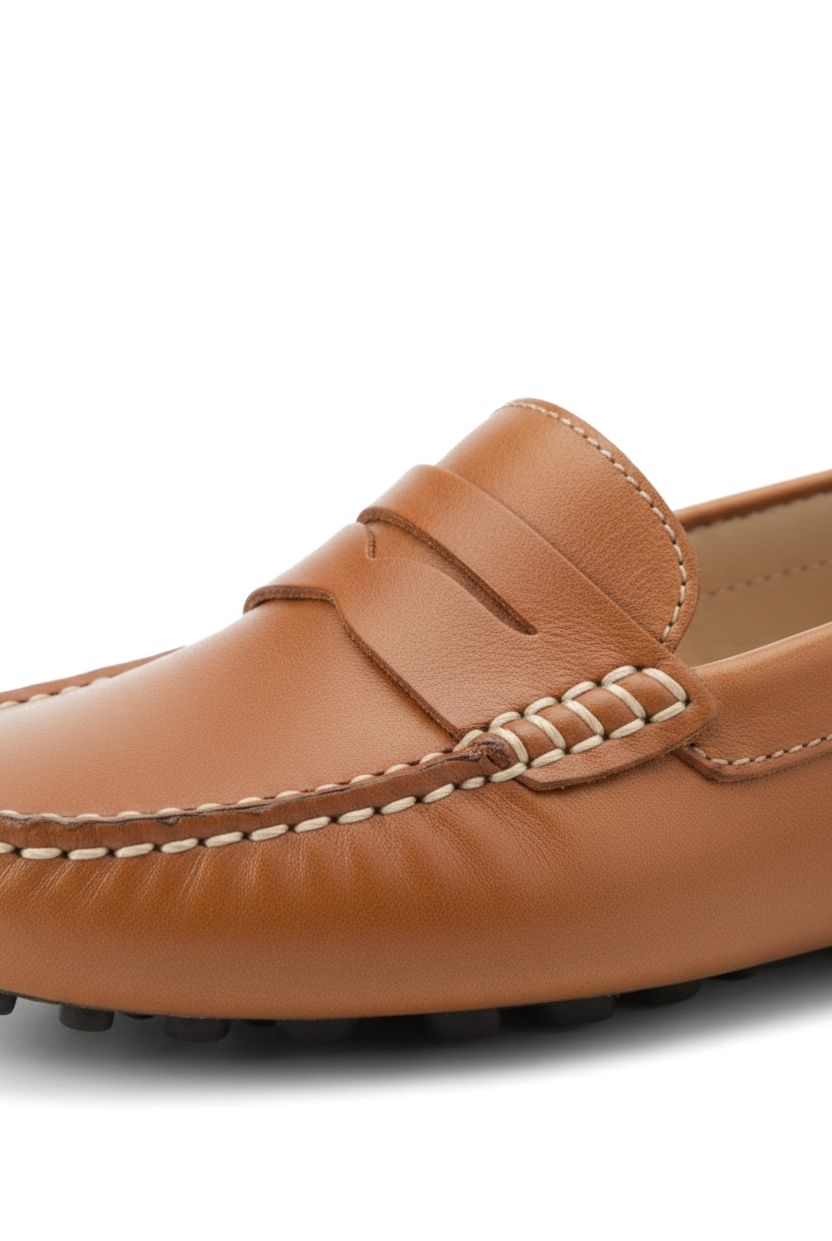 Close-up of the penny strap and ivory moccasin stitching on the Mangará Angico brown driving loafer