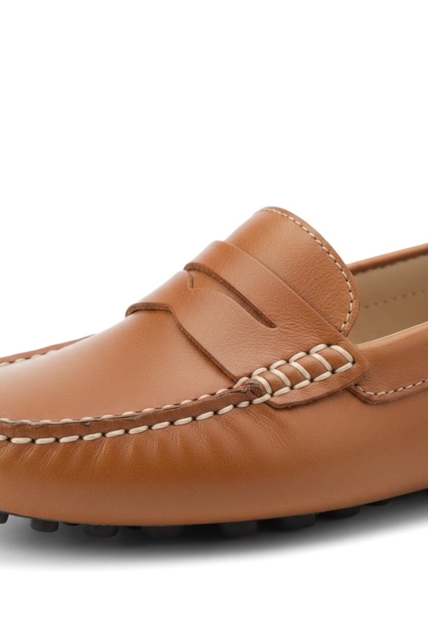 Close-up of the penny strap and ivory moccasin stitching on the Mangará Angico brown driving loafer