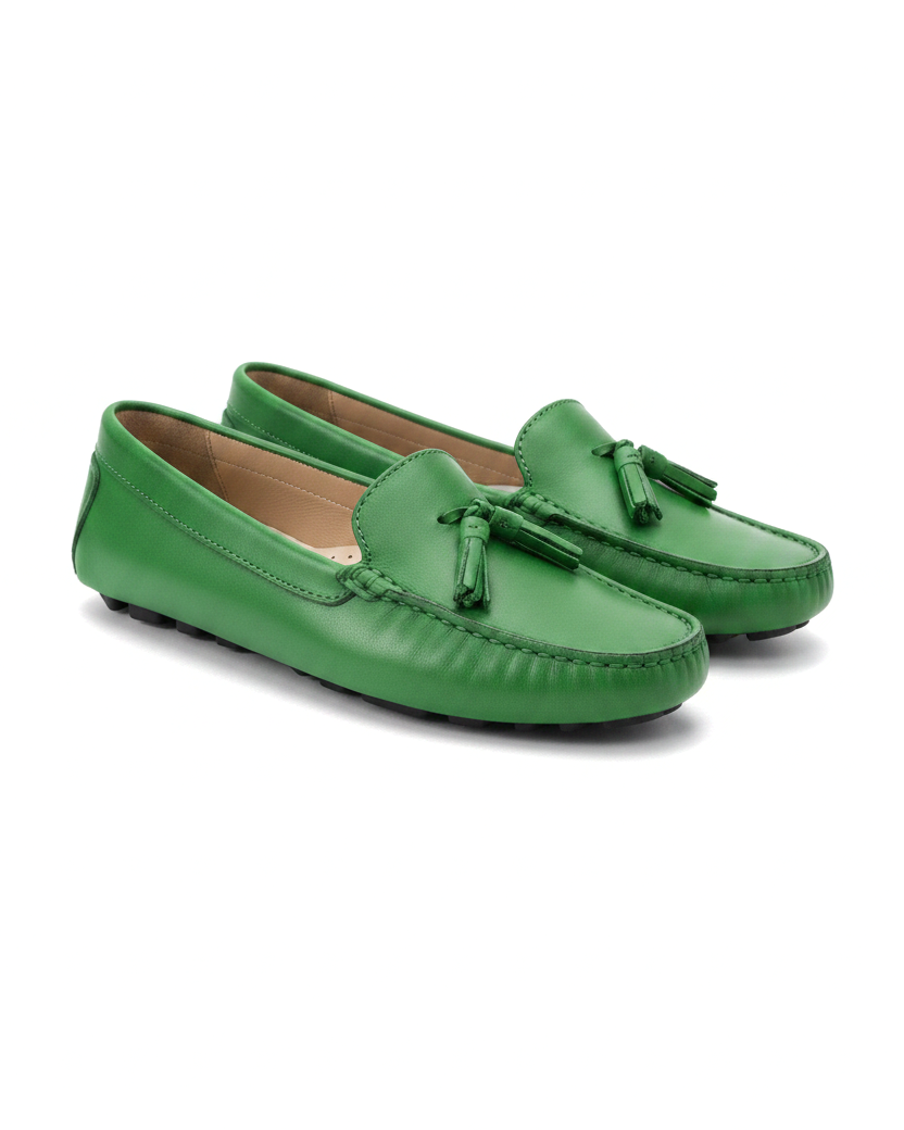 Grüne Caviuna-Loafer aus Kalbsleder mit Quasten, Paar, siehe Produktfoto