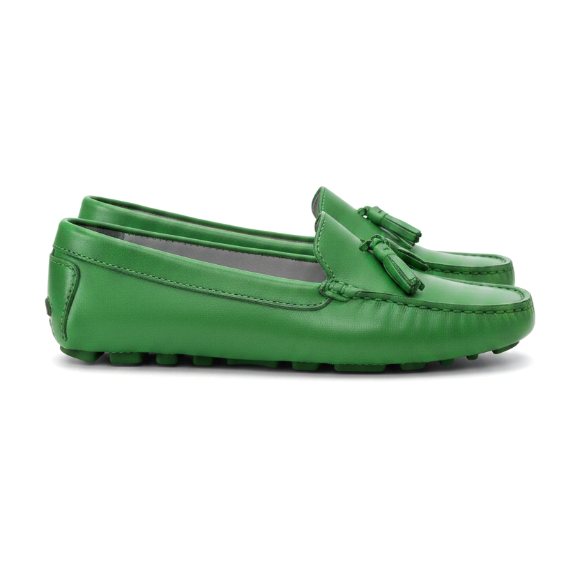 Caviuna green calf leather tassel loafers, side view product photo