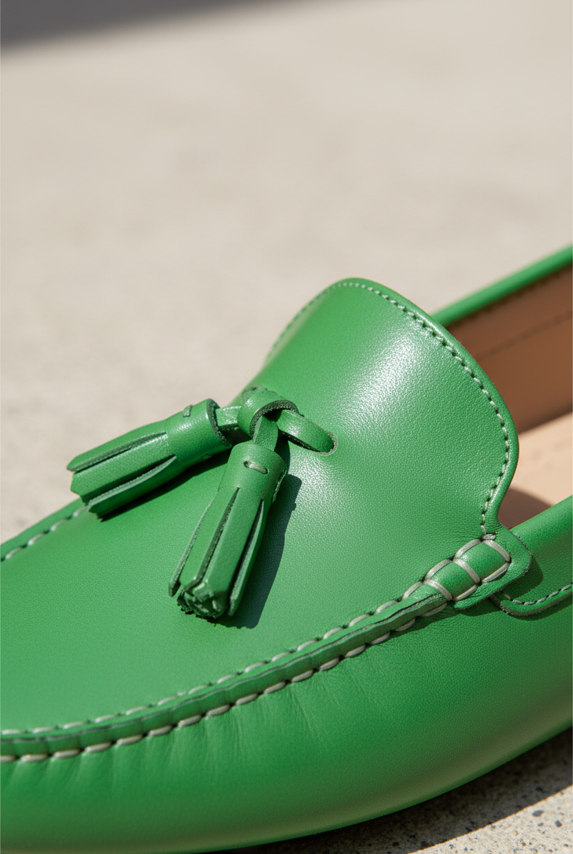 Close-up of the tassel knot detail on Caviuna green leather loafers