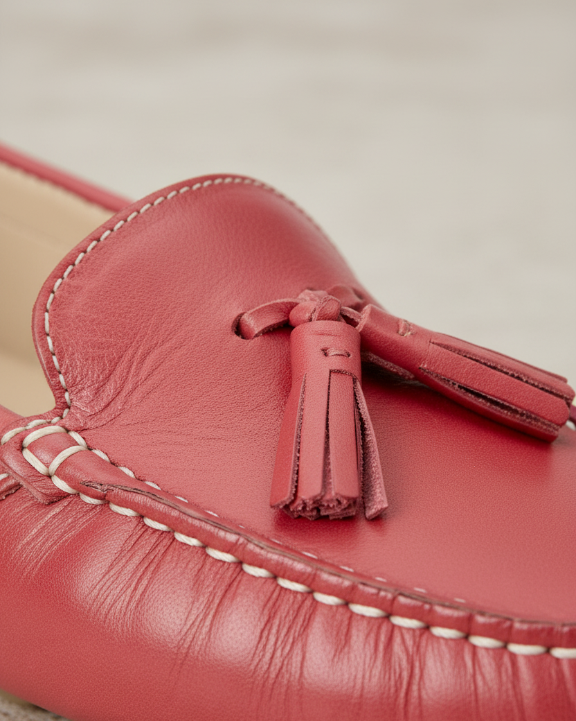 Nahaufnahme des Quastenknotendetails auf Caviuna-Leder-Slippern in Rosa