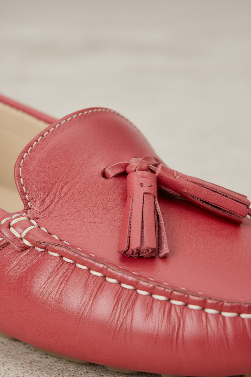 Close-up of the tassel knot detail on Caviuna pink leather loafers