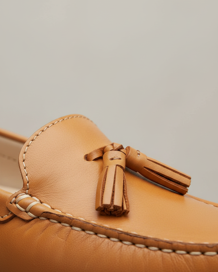 Nahaufnahme des Quastenknotendetails der karamellfarbenen Leder-Loafer von Caviuna