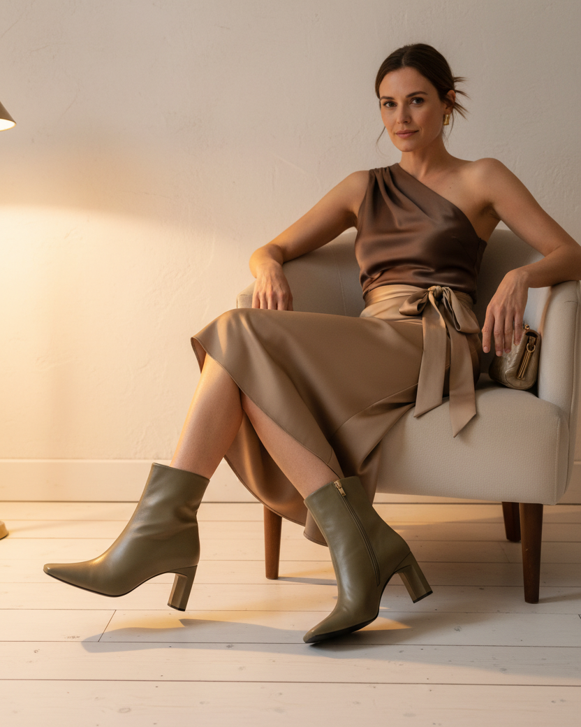Mangará Senna olive goat leather ankle boots with square toe and block heel, worn with a brown satin evening dress