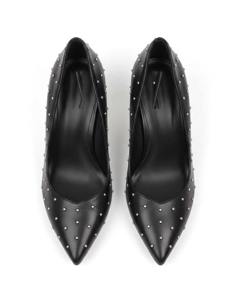 Mangará Callisia black studded leather pumps, top view of the pair