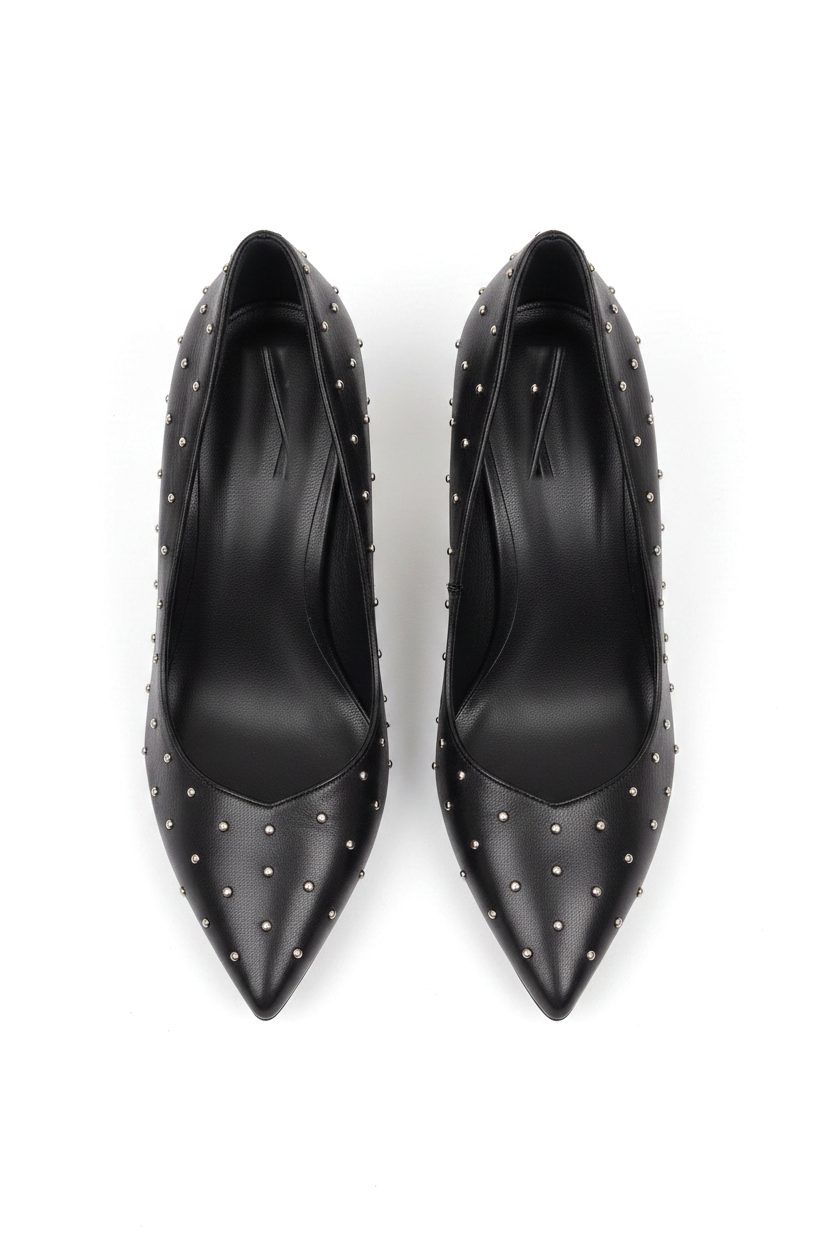 Mangará Callisia black studded leather pumps, top view of the pair