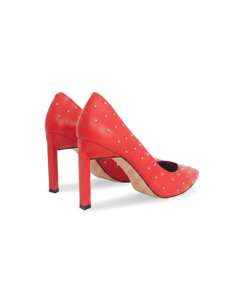 Callisia red leather pumps back view showing the 9.5cm squared heel and leather sole