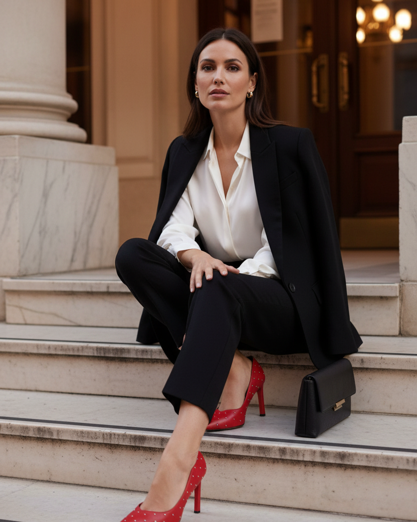 Callisia red studded leather pumps styled with black tailored trousers and an ivory silk shirt on pale marble theatre steps at dusk