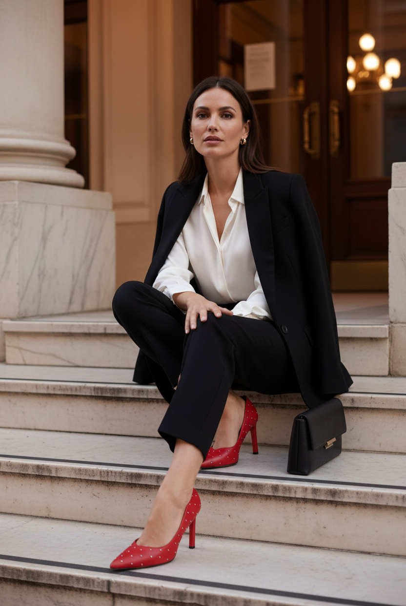 Callisia red studded leather pumps styled with black tailored trousers and an ivory silk shirt on pale marble theatre steps at dusk