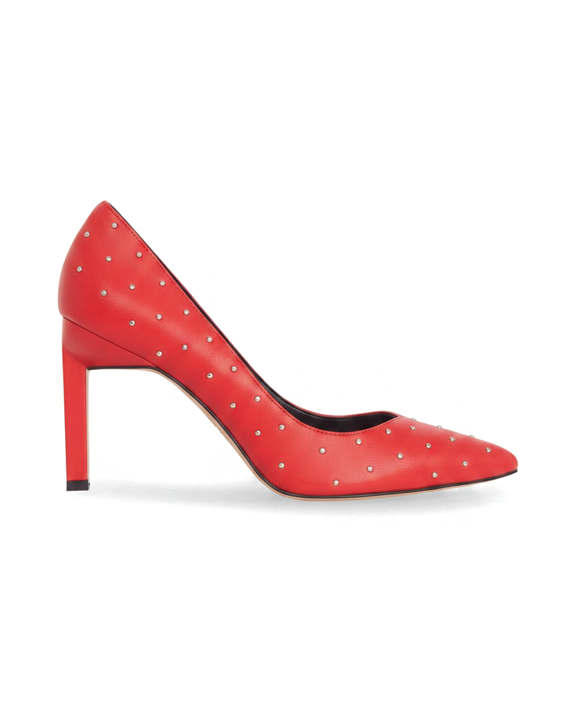 Callisia red leather pumps side view with silver studs and 9.5cm squared heel