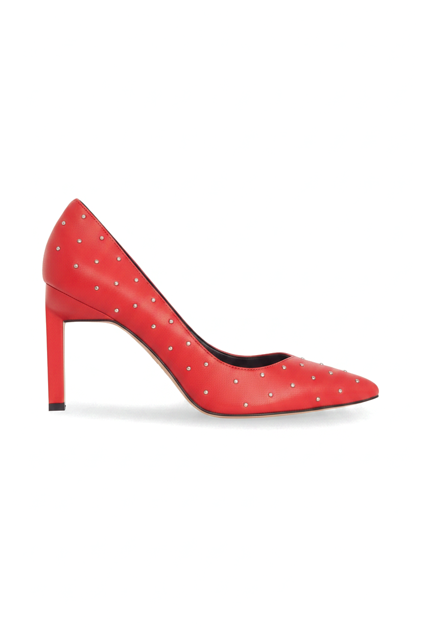Callisia red leather pumps side view with silver studs and 9.5cm squared heel