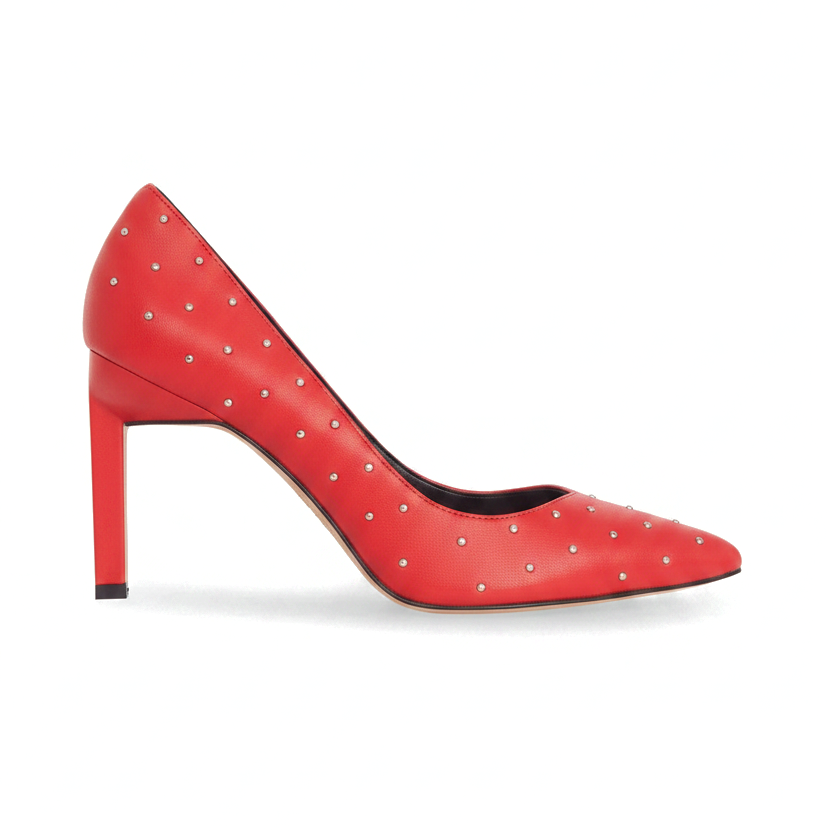 Callisia red leather pumps side view with silver studs and 9.5cm squared heel
