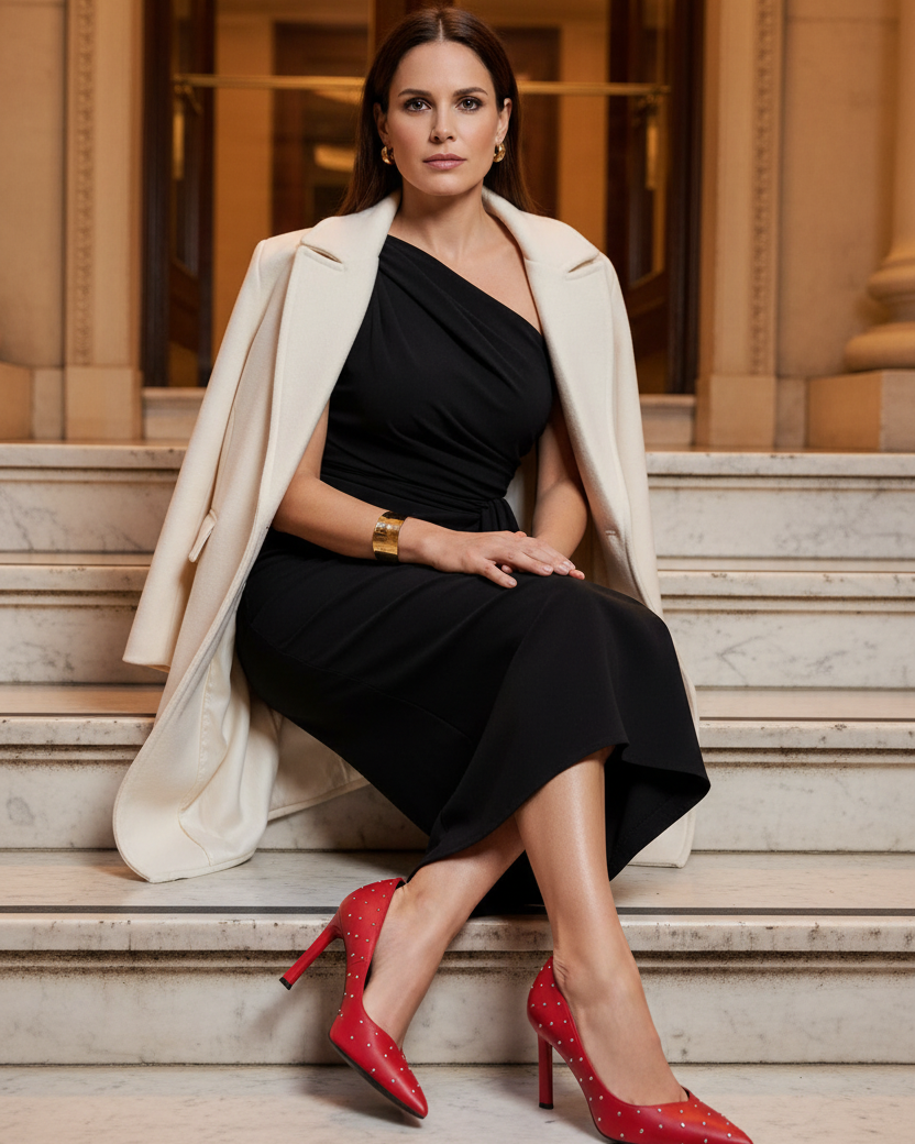 Callisia red studded leather pumps styled with a black asymmetric draped column dress and ivory wool coat on marble steps at dusk
