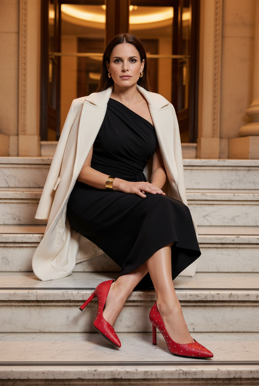 Callisia red studded leather pumps styled with a black asymmetric draped column dress and ivory wool coat on marble steps at dusk
